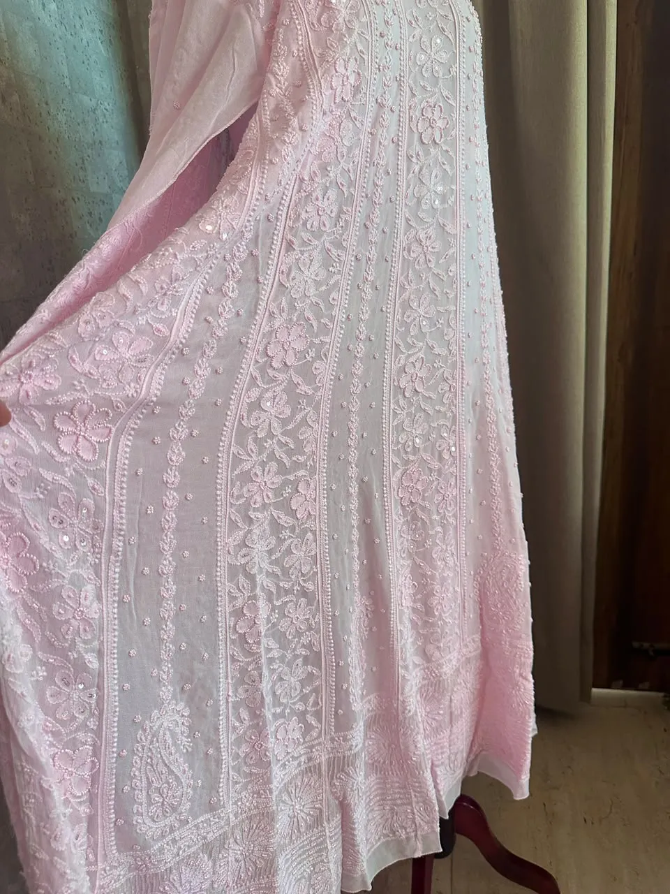 Soft Pink Chikankari 18 Kali Anarkali Set