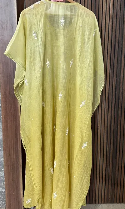 Olive Yellow Mul Chanderi Chikankari Kaftan
