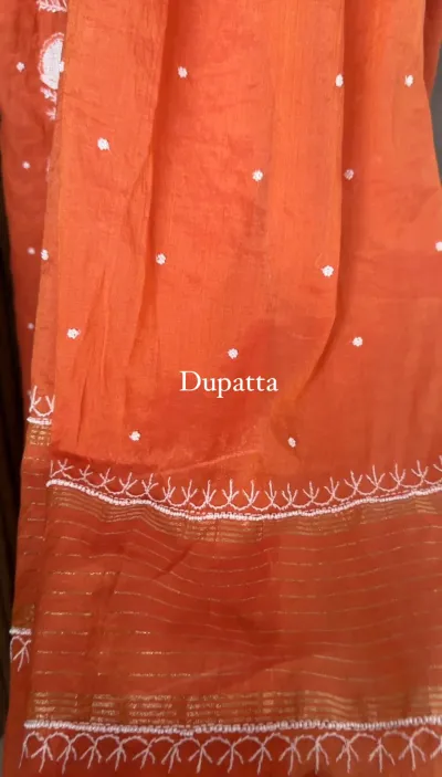 Burnt Coral Mul Chanderi Chikankari Unstitched Fabric