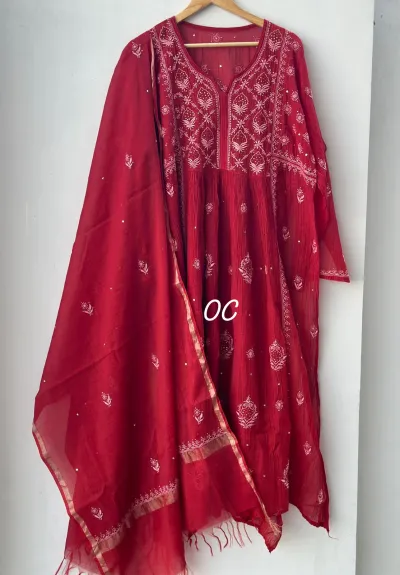 Ruby Mul Chanderi Chikankari A-Line Kurta Set