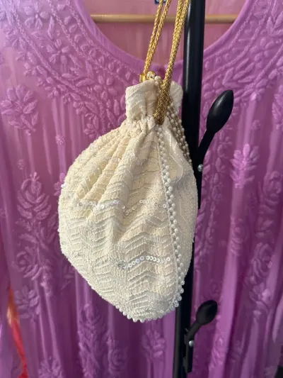 Cream Embellished Chikankari Silver Potli Bag