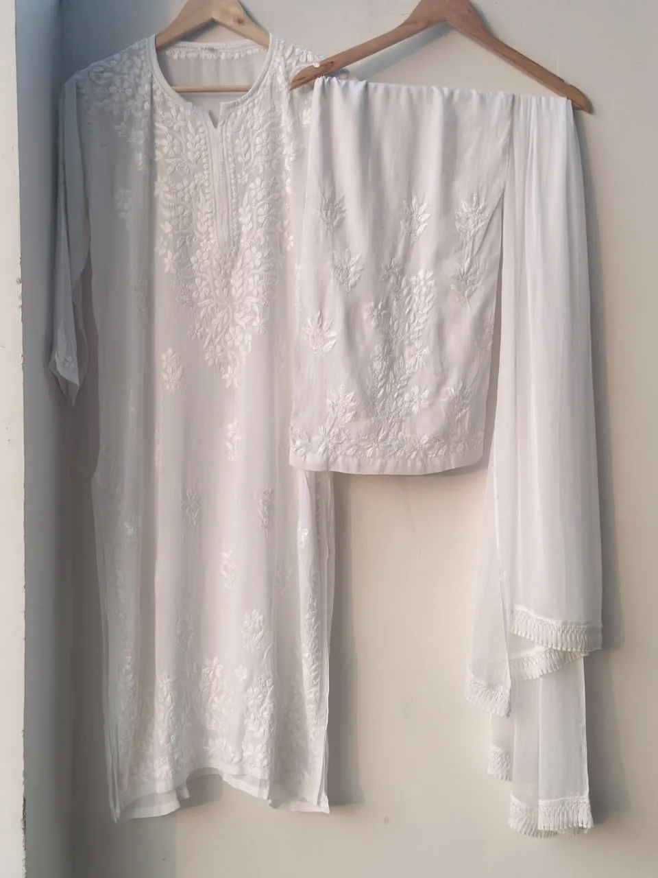 Modal Cotton Handcrafted Chikankari Kurta, Dupatta and Palazzo Set