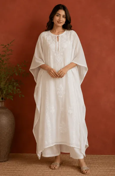 Ivory Mul Chanderi Chikankari Kaftan