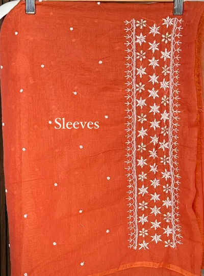 Burnt Coral Mul Chanderi Chikankari Unstitched Fabric