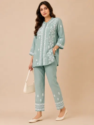 Green Lagoon Cotton Satin Chikankari Co-Ord Set