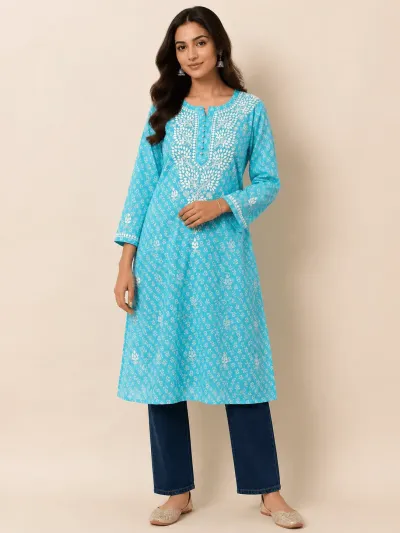 Modal Printed Cotton Handcrafted Chikankari Kurti