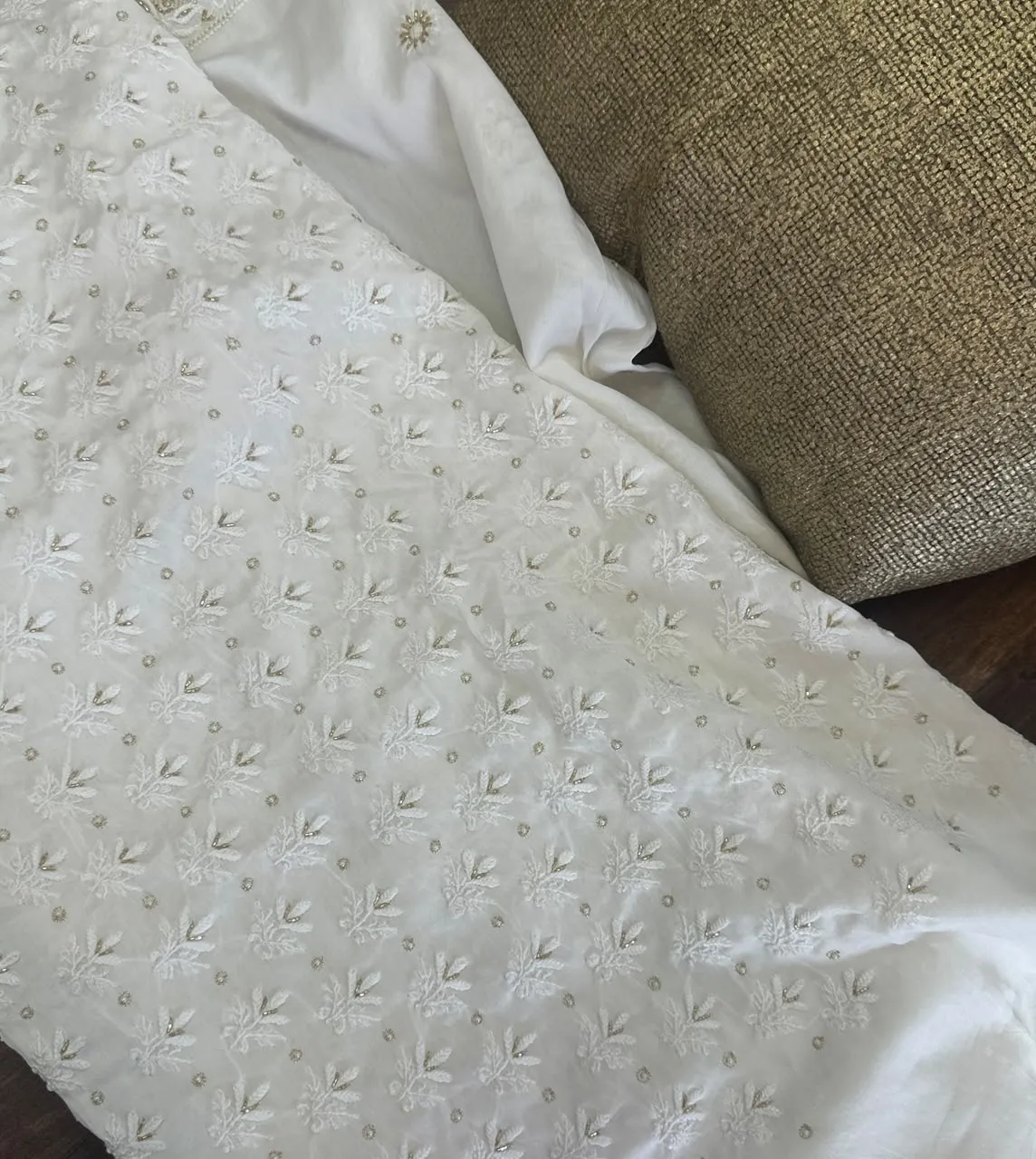 Ivory Chanderi Silk chikankari Mens Kurta