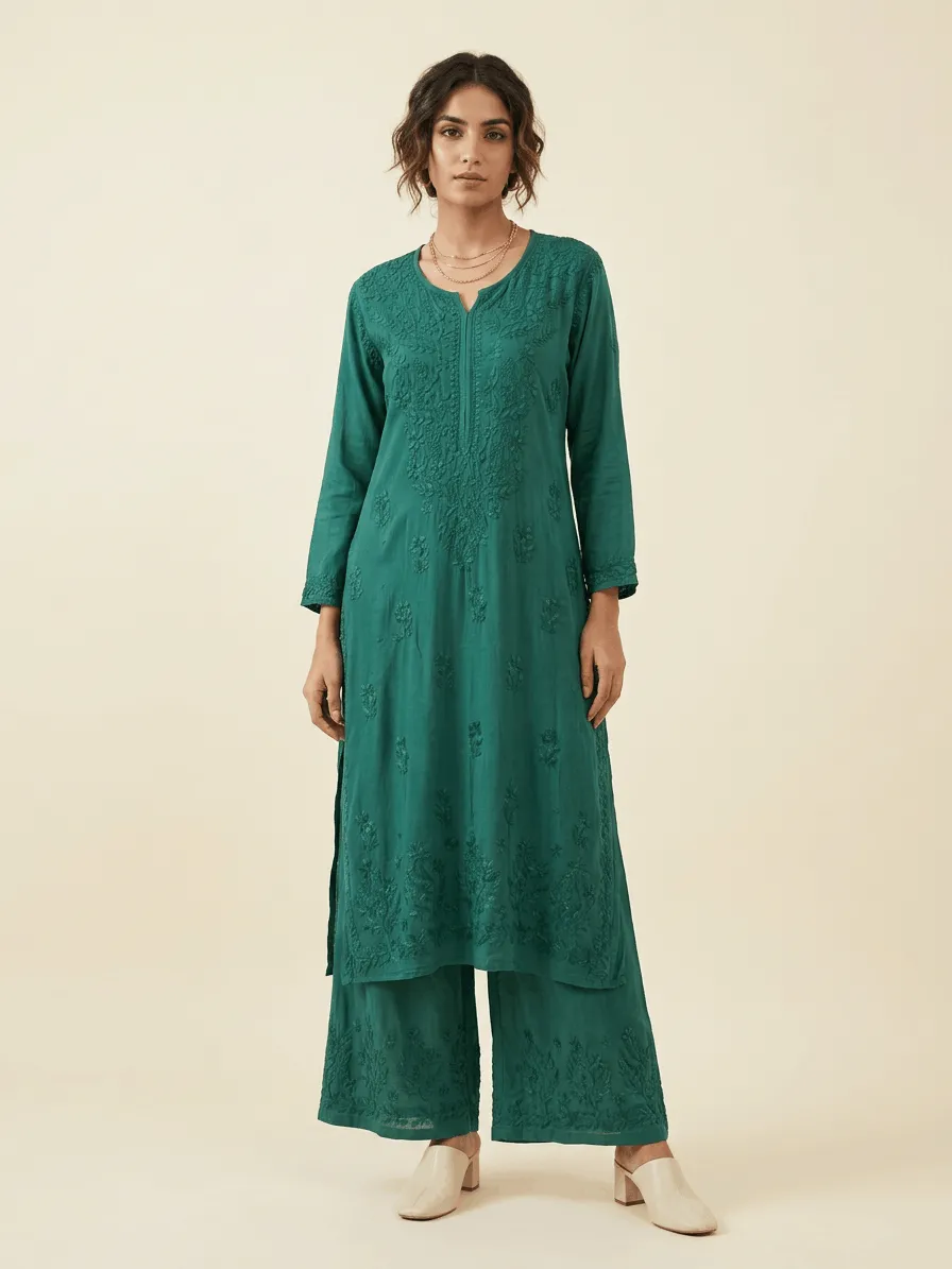 Modal Cotton Handcrafted Chikankari Kurta and Palazzo Set