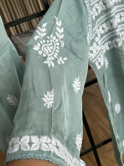 Green Lagoon Cotton Satin Chikankari Co-Ord Set