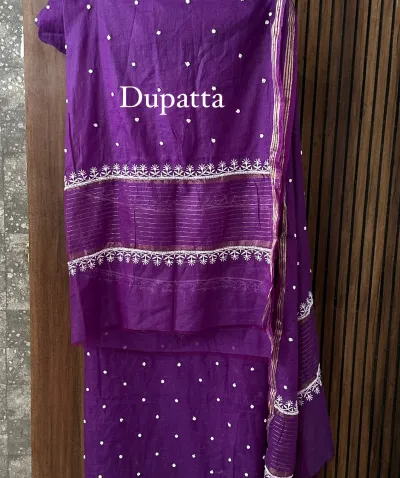 Deep Purple Mul Chanderi Chikankari Unstitched Fabric