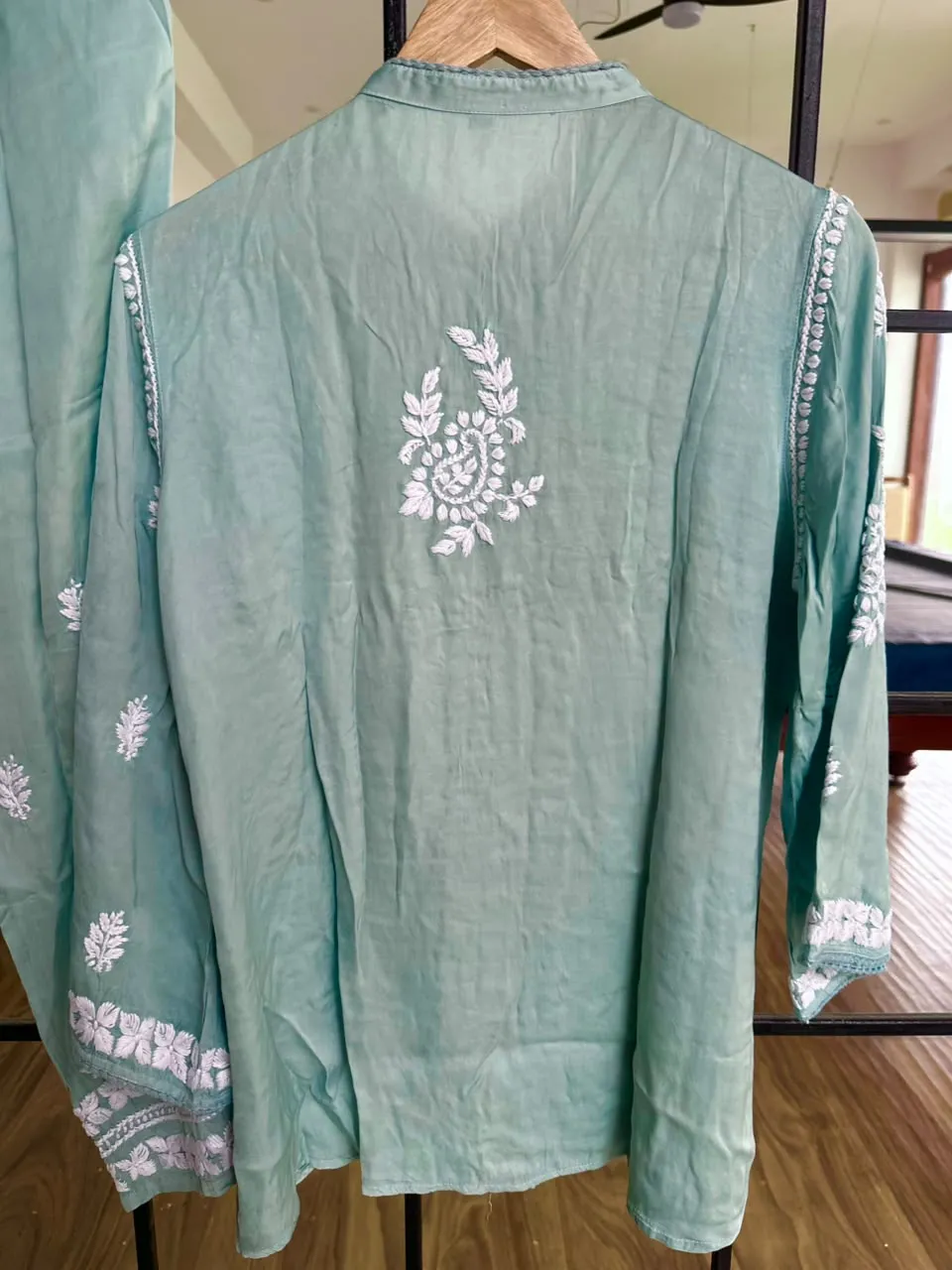 Green Lagoon Cotton Satin Chikankari Co-Ord Set