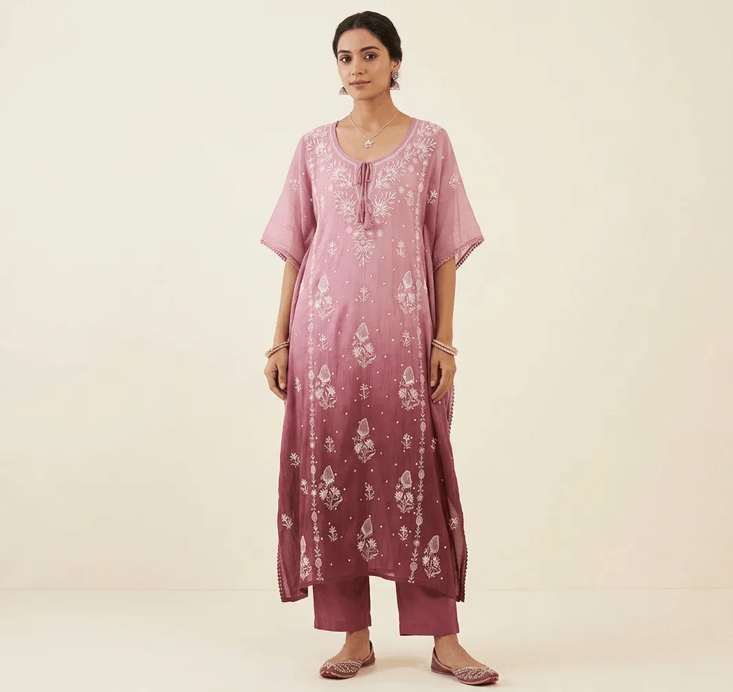 Ombre Onion Pink Mul Chanderi Chikankari Kaftan