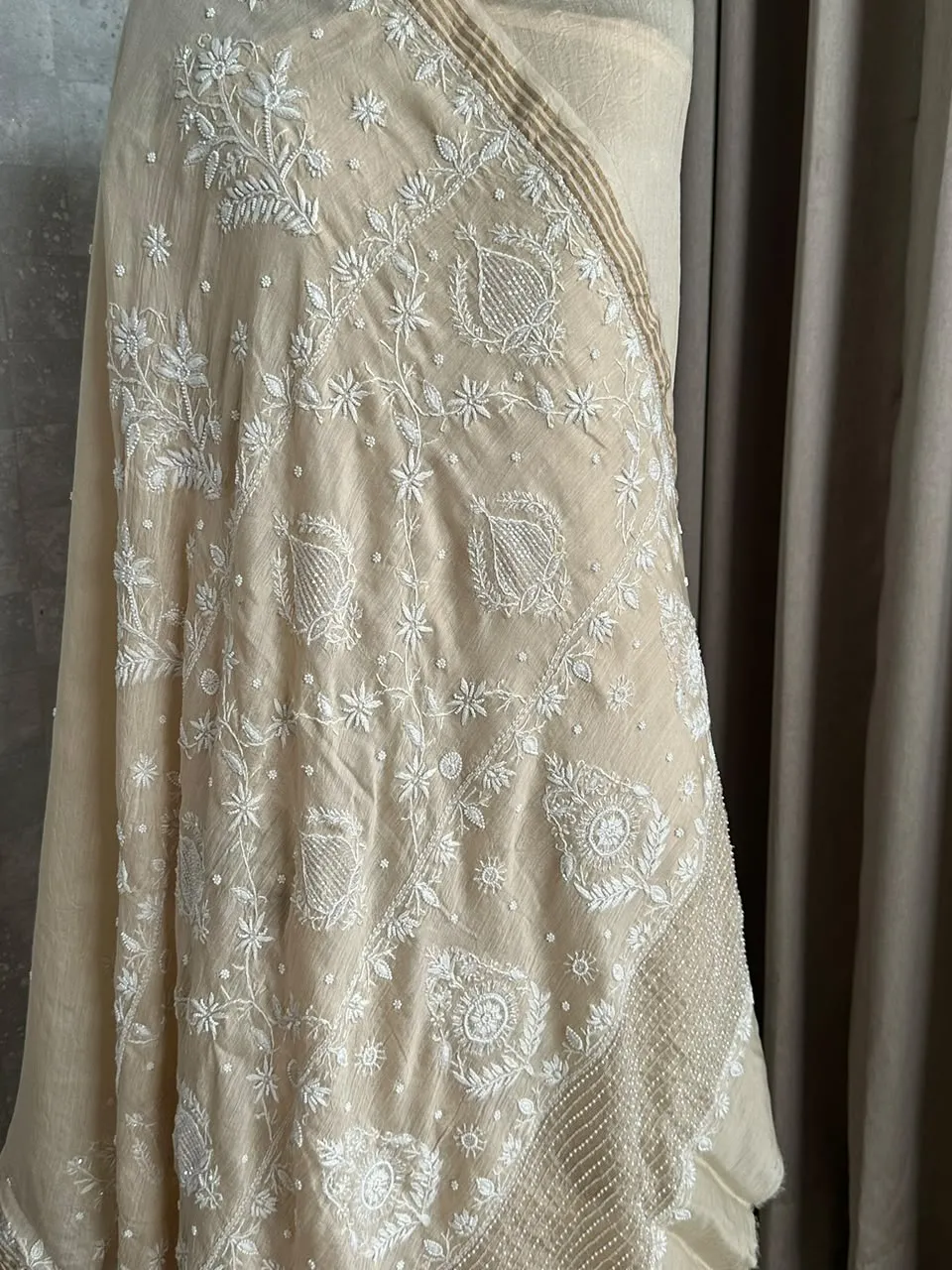 Ivory Beige Muga Silk Woven Saree with Intricate Chikankaari