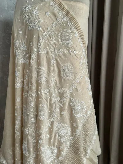 Ivory Beige Muga Silk Woven Saree with Intricate Chikankaari