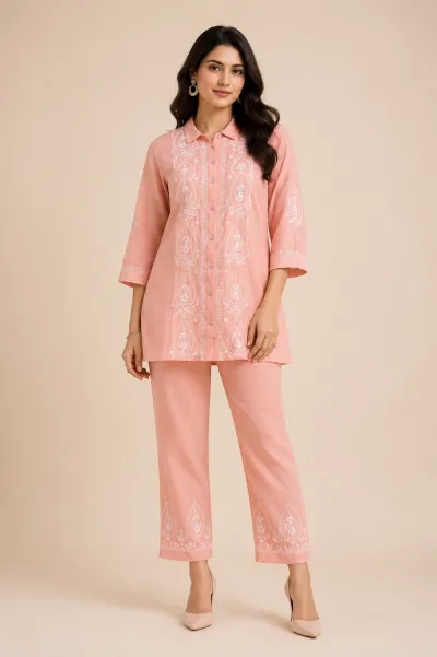 Soft Coral Muslin Chikankari Co-Ord Set