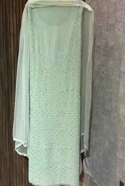 Muted Mint Green Viscose Georgette Chikankari Unstitched Fabric