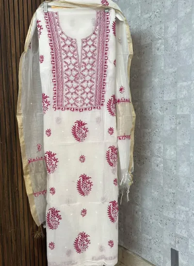 Cream Mul Chanderi Chikankari Unstitched Fabric