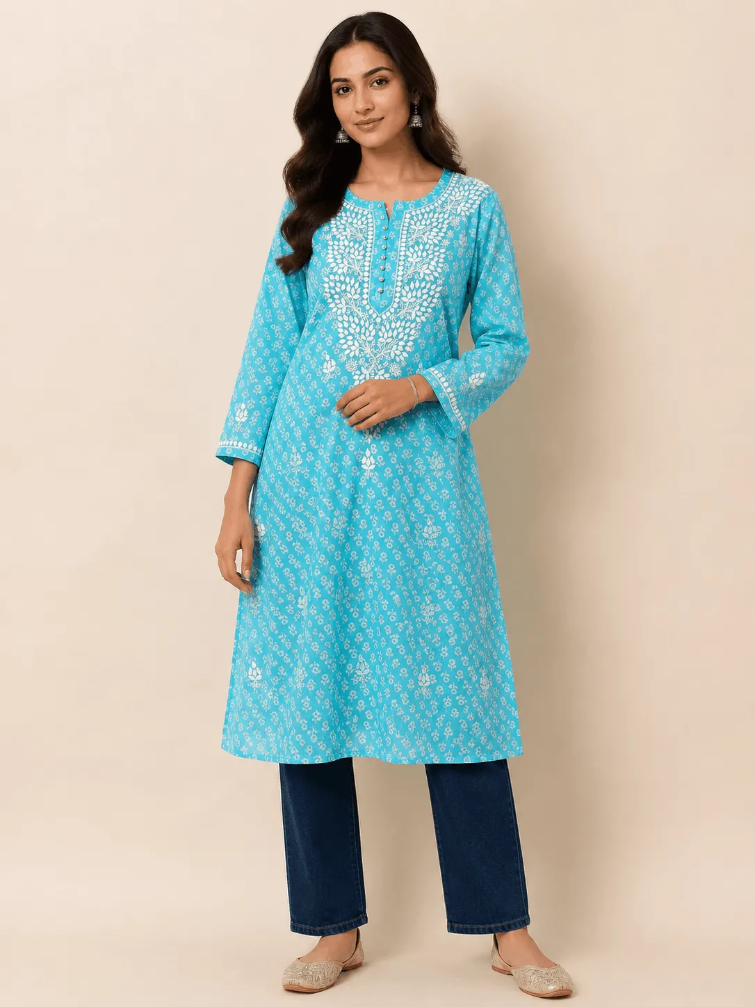 Modal Printed Cotton Handcrafted Chikankari Kurti