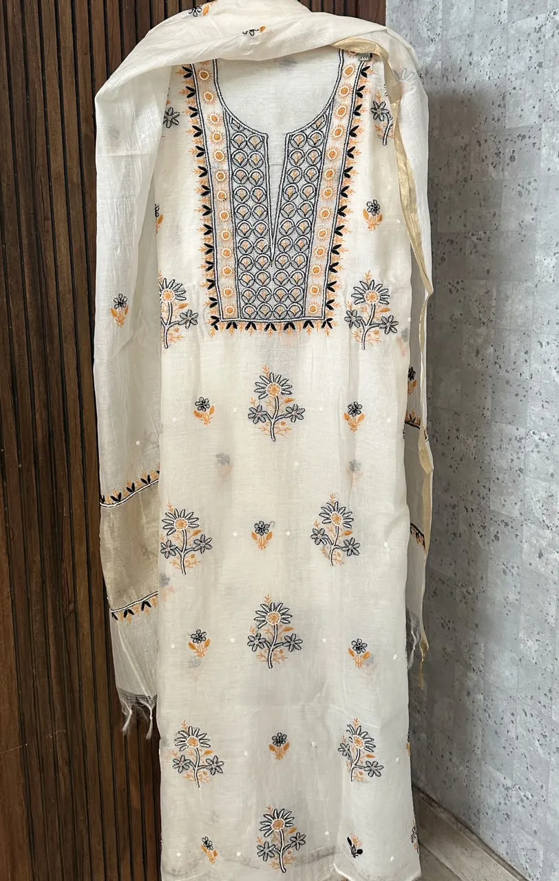 Cream Mul Chanderi Chikankari Unstitched Fabric