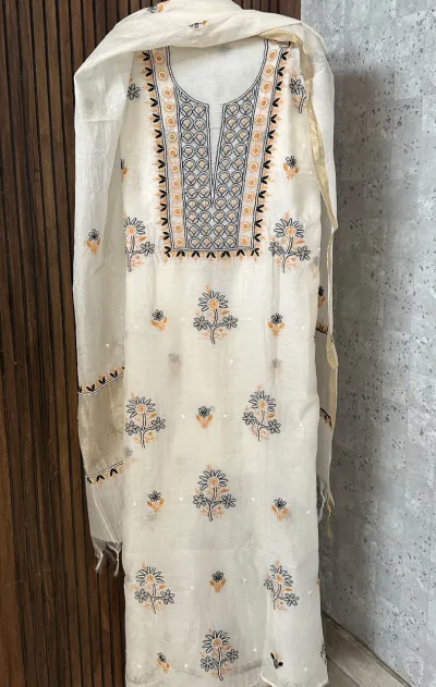 Cream Mul Chanderi Chikankari Unstitched Fabric