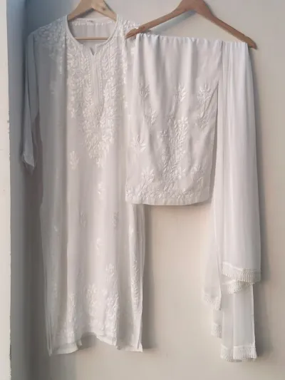 Modal Cotton Handcrafted Chikankari Kurta, Dupatta and Palazzo Set