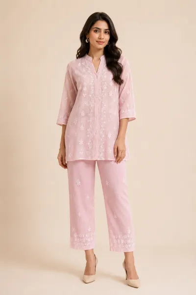Soft Pink Mul Chanderi Chikankari Co-ord set