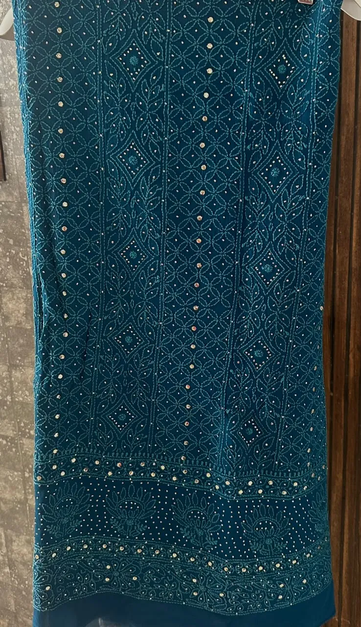 Dark Steel Blue Viscose Georgette Chikankari Unstitched Fabric