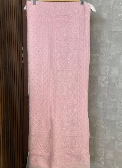 Soft Pink Viscose Georgette Chikankari Unstitched Fabric