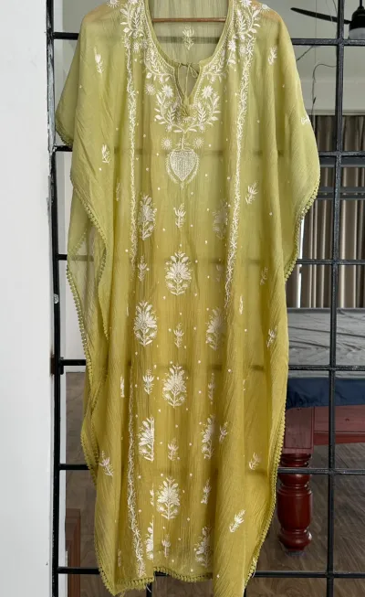 Olive Yellow Mul Chanderi Chikankari Kaftan