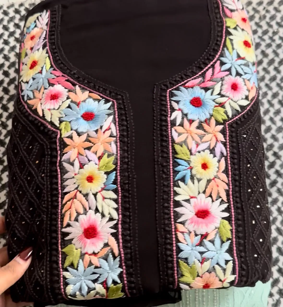 Black Parsi Viscose Georgette Chikankari Unstitched Fabric