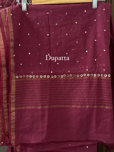 Wine Colour Mukaish Mul Chanderi Silk Set