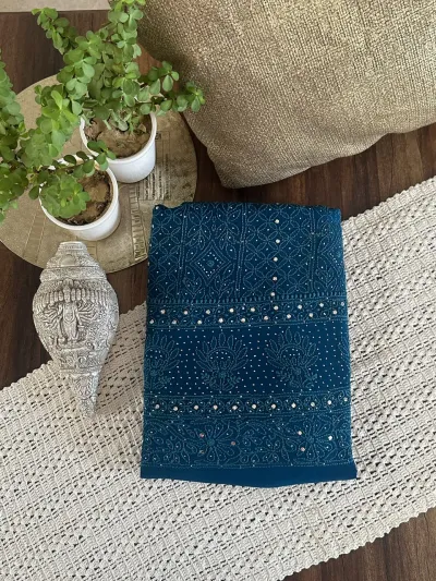 Dark Steel Blue Viscose Georgette Chikankari Unstitched Fabric