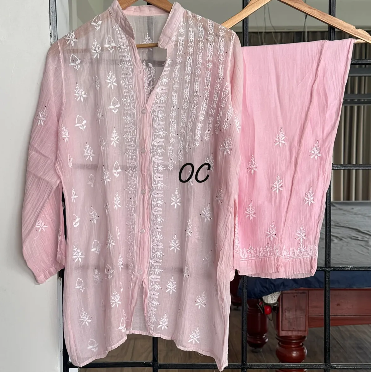 Soft Pink Mul Chanderi Chikankari Co-ord set