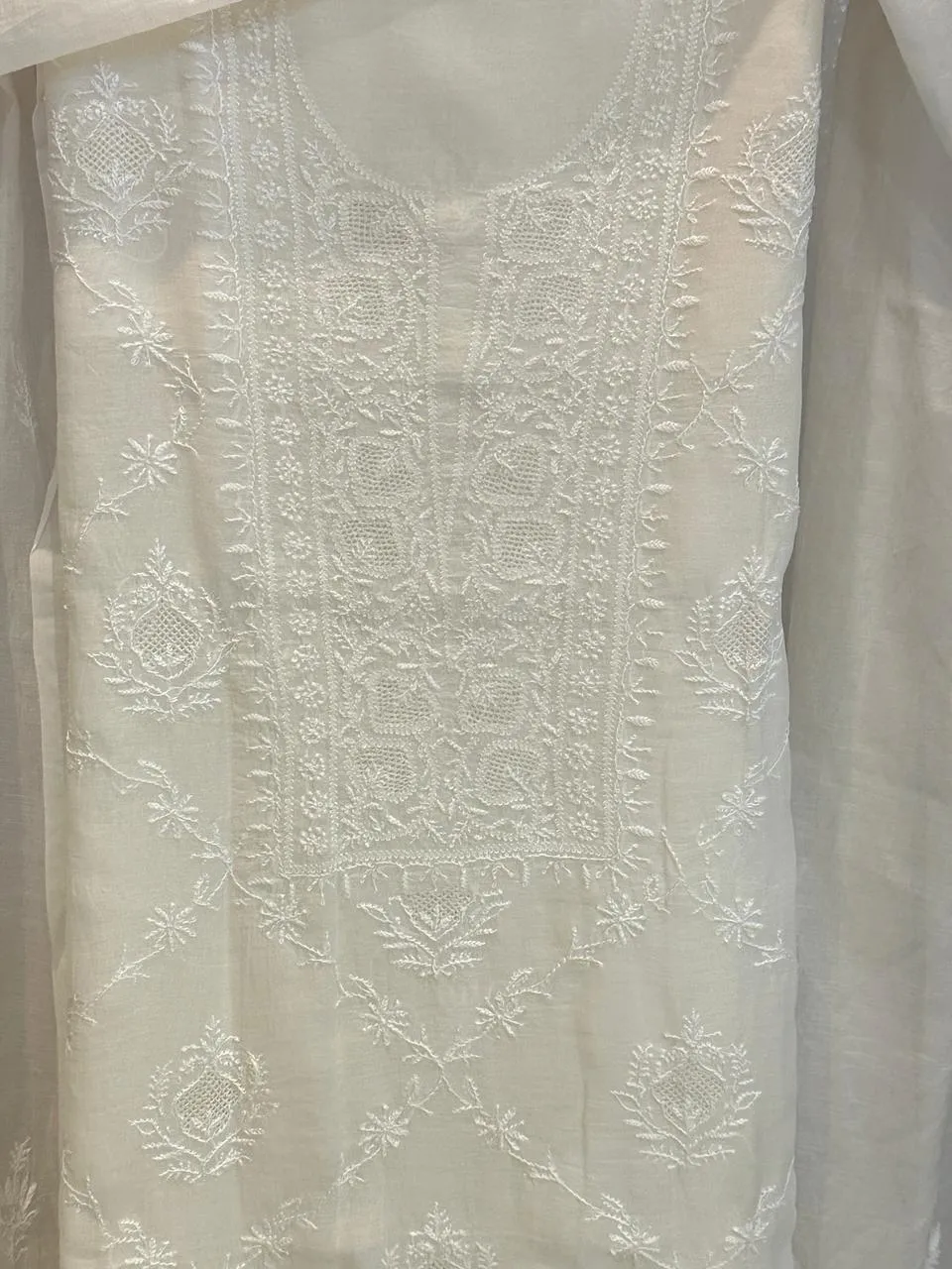Cream Mul Chanderi Chikankari Unstitched Fabric