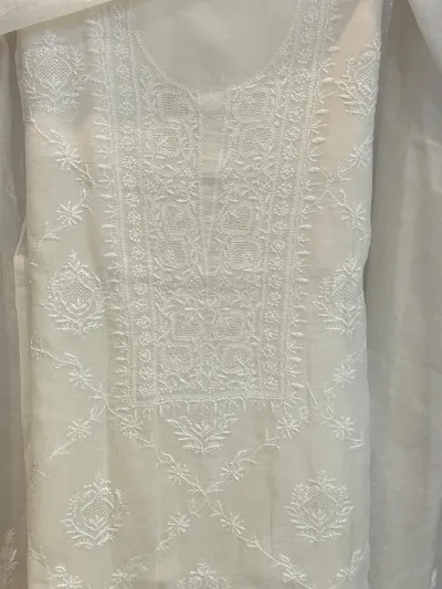 Cream Mul Chanderi Chikankari Unstitched Fabric