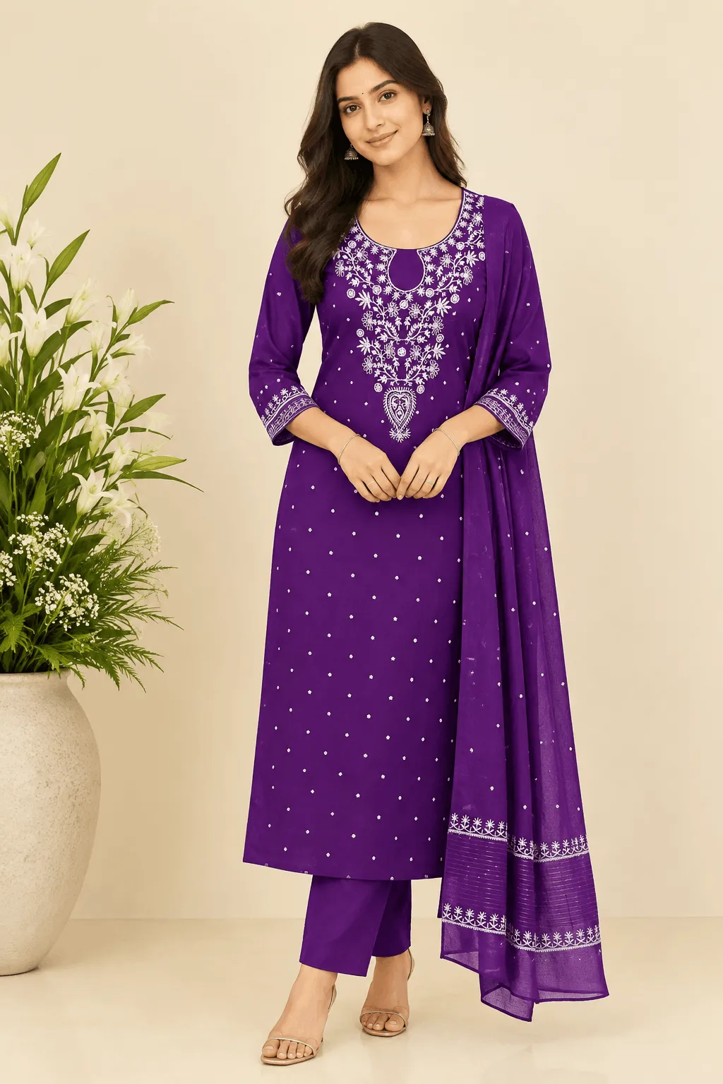 Deep Purple Mul Chanderi Chikankari Unstitched Fabric