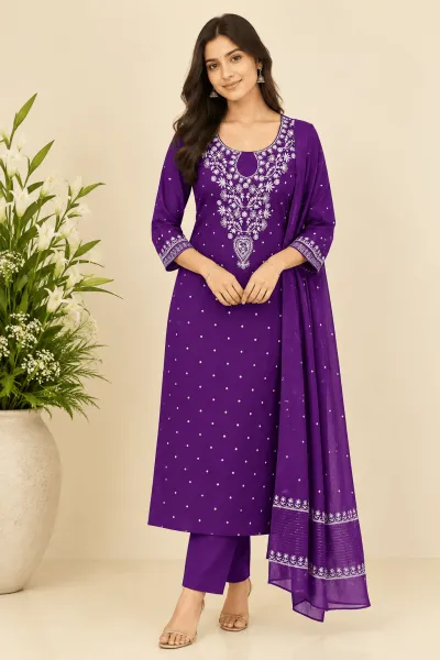 Deep Purple Mul Chanderi Chikankari Unstitched Fabric