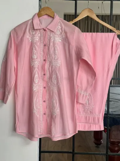 Blush Pink Muslin Chikankari Co-Ord Set