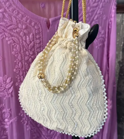 Cream Embellished Chikankari Silver Potli Bag