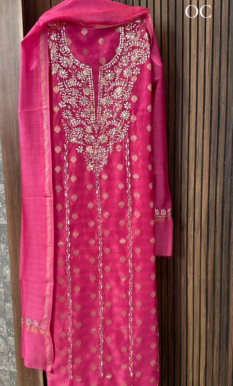 Raspberry Pink Chanderi Banarsi Silk Suit