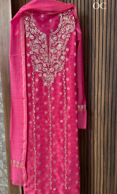 Raspberry Pink Chanderi Banarsi Silk Suit