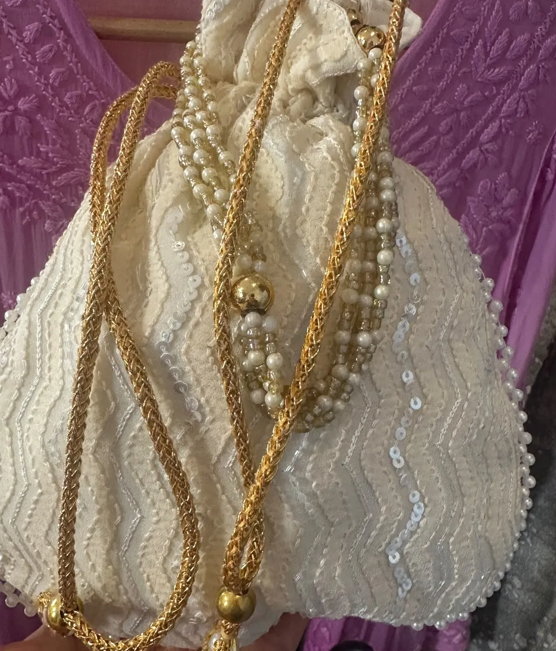 Cream Embellished Chikankari Silver Potli Bag