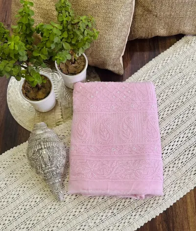 Soft Pink Viscose Georgette Chikankari Unstitched Fabric