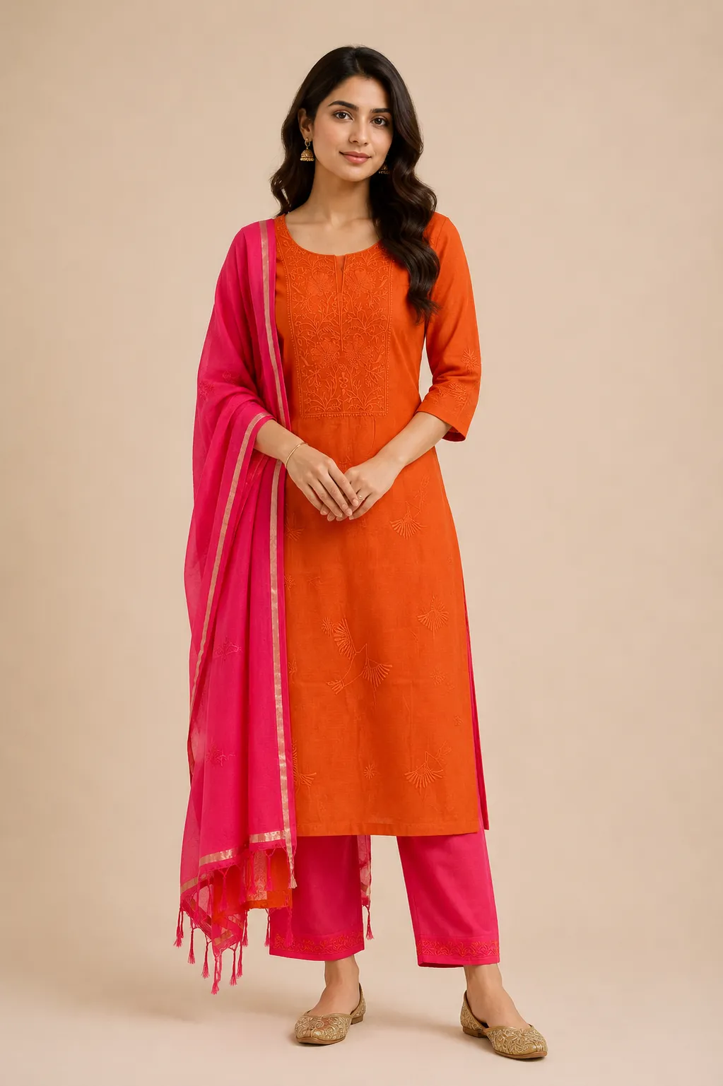 Saffron Mul Chanderi Chikankari Unstitched Fabric