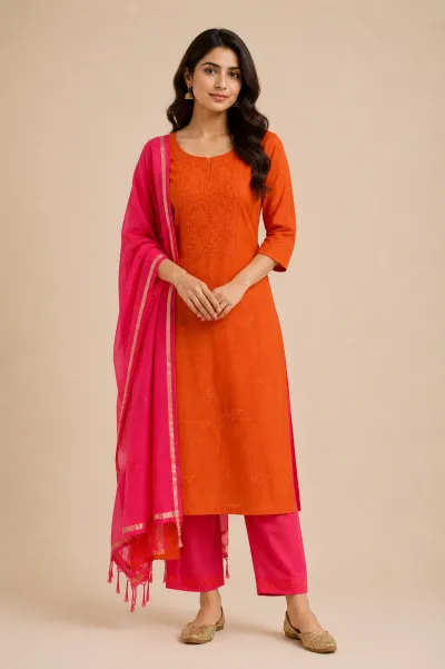 Saffron Mul Chanderi Chikankari Unstitched Fabric