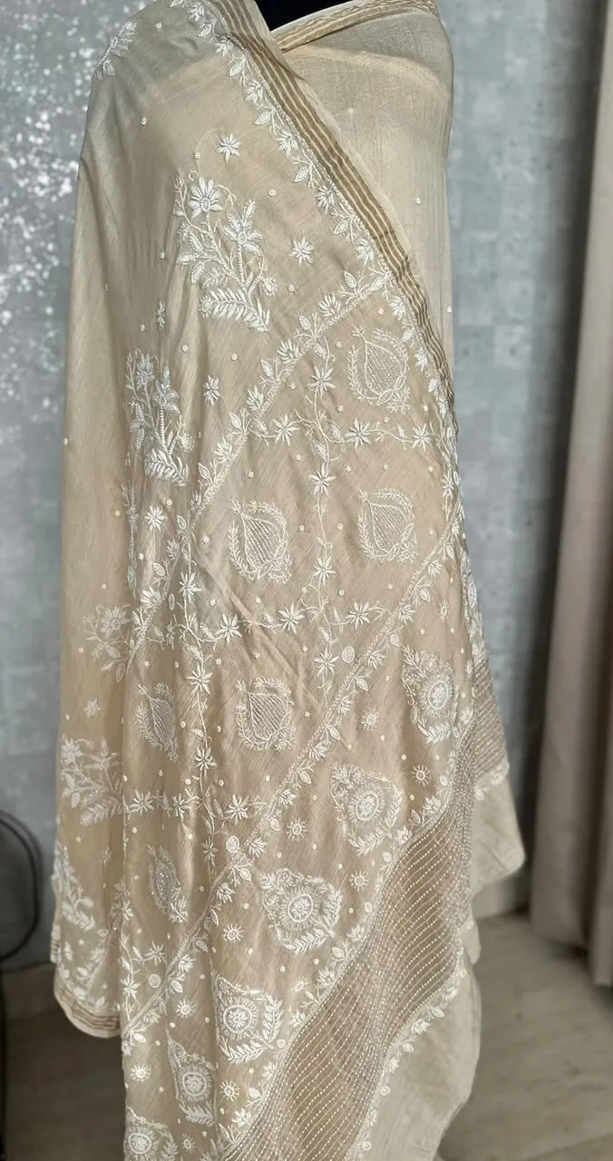 Ivory Beige Muga Silk Woven Saree with Intricate Chikankaari