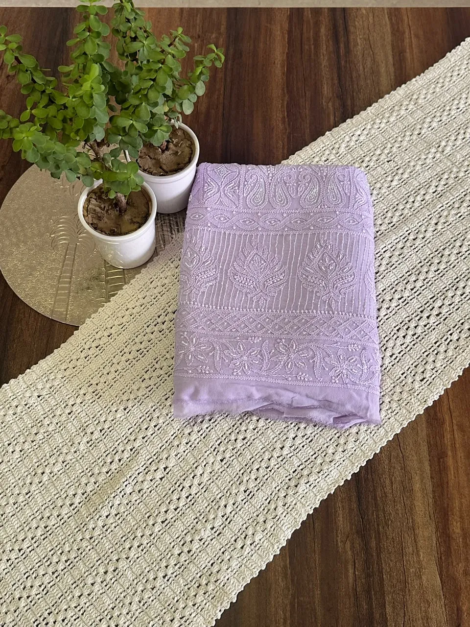 Lilac Viscose Georgette Chikankari Unstitched Fabric