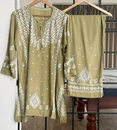 Rayon Stitched Lucknowi Handcrafted Co-ord Set