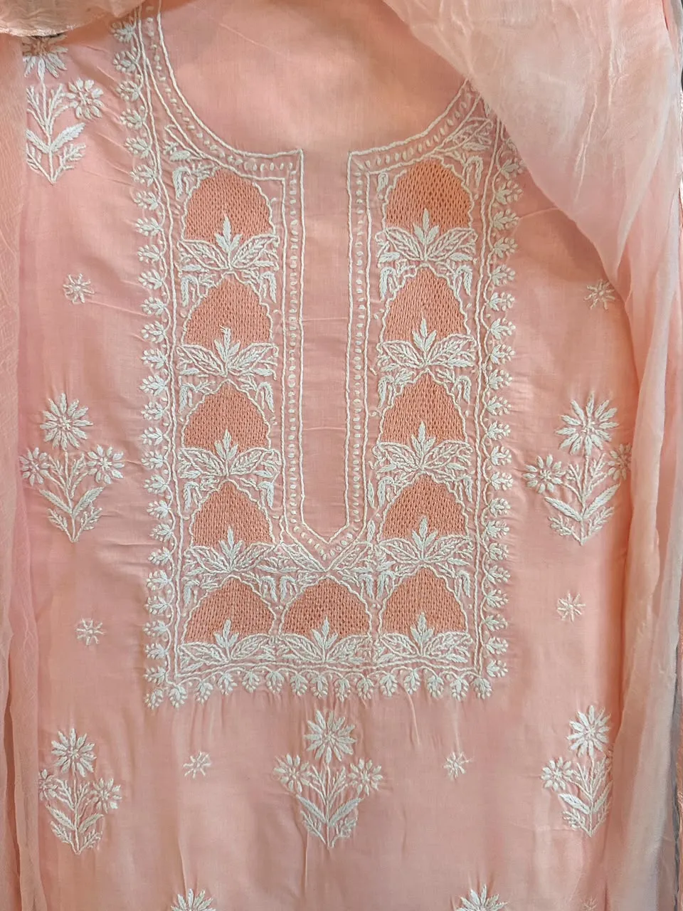 Light Peach Soft Cotton Fine Chikankari With Haath Ki Jaali Neck Work