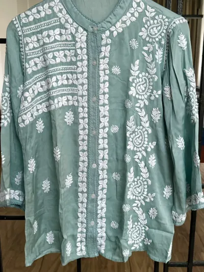 Green Lagoon Cotton Satin Chikankari Co-Ord Set
